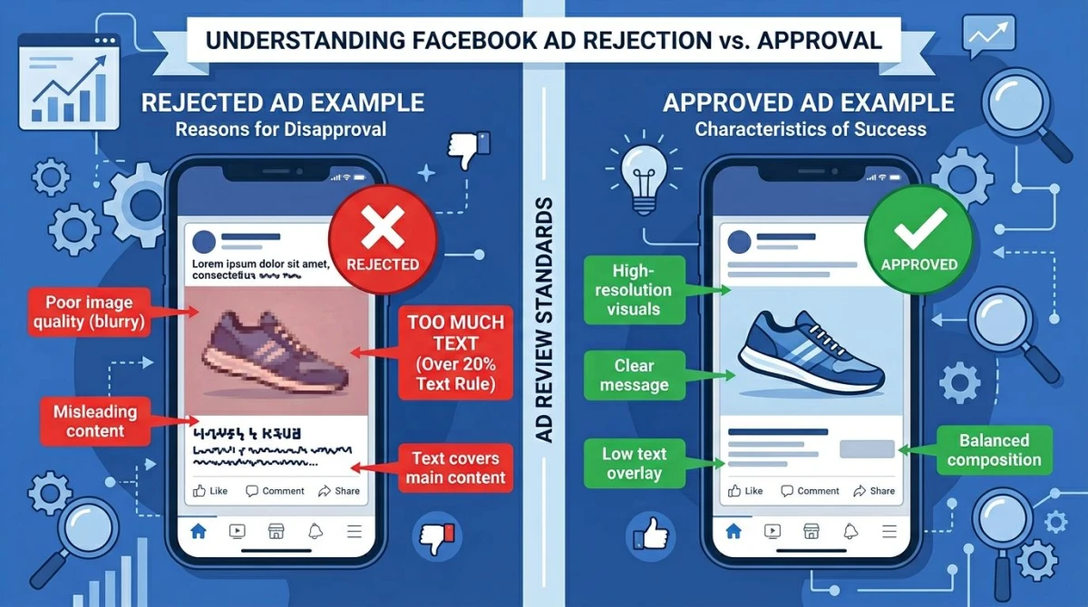 Rejected vs approved Facebook ad examples with diagnostic markers