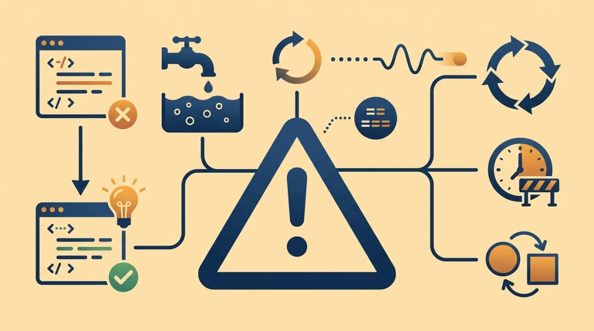 Common gotchas reference illustration with warning icons and code