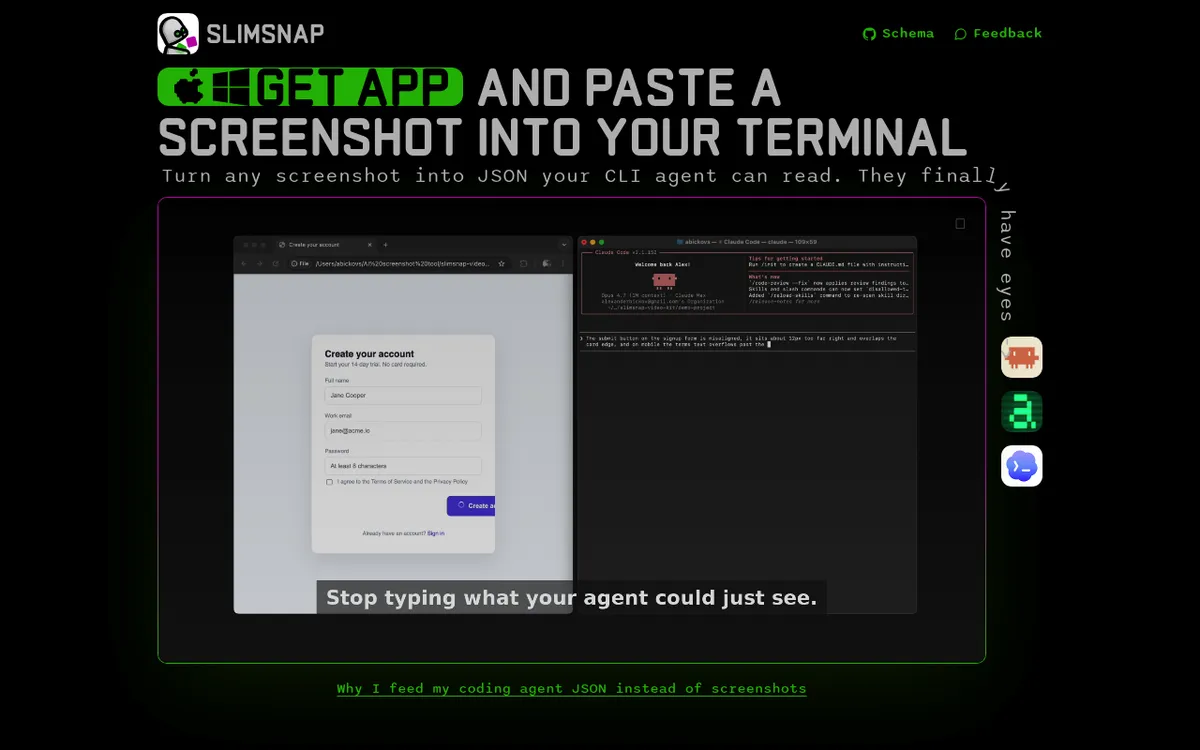 Die Startseite von SlimSnap, ein Screenshot-Tool für Windows und Mac, das Aufnahmen als JSON für KI-Coding-Agents exportiert