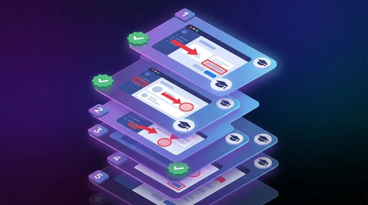 Stacked SOP cards illustration showing step-by-step documentation screenshots with red arrows and click targets