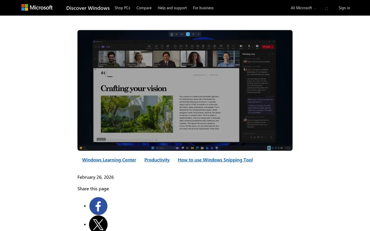 Microsoft Learning Center Seite über die Videoaufnahme im Snipping Tool und den Speicherordner Screen Recordings