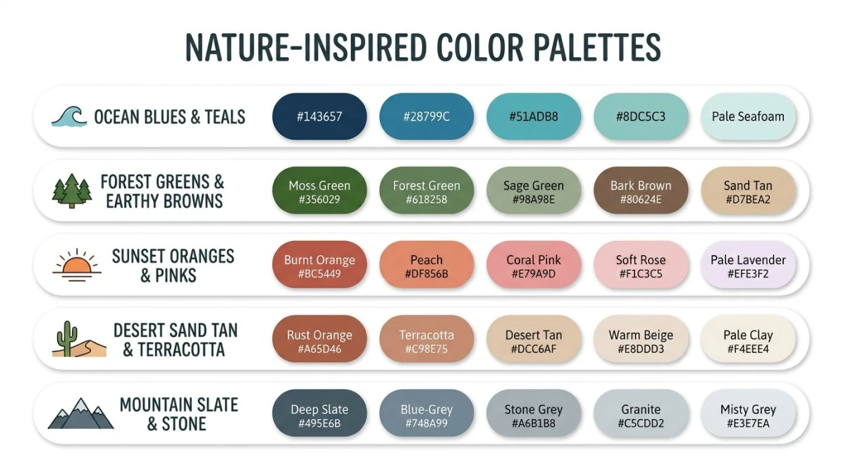 Nature-inspired palettes — ocean, forest, sunset, desert, mountain