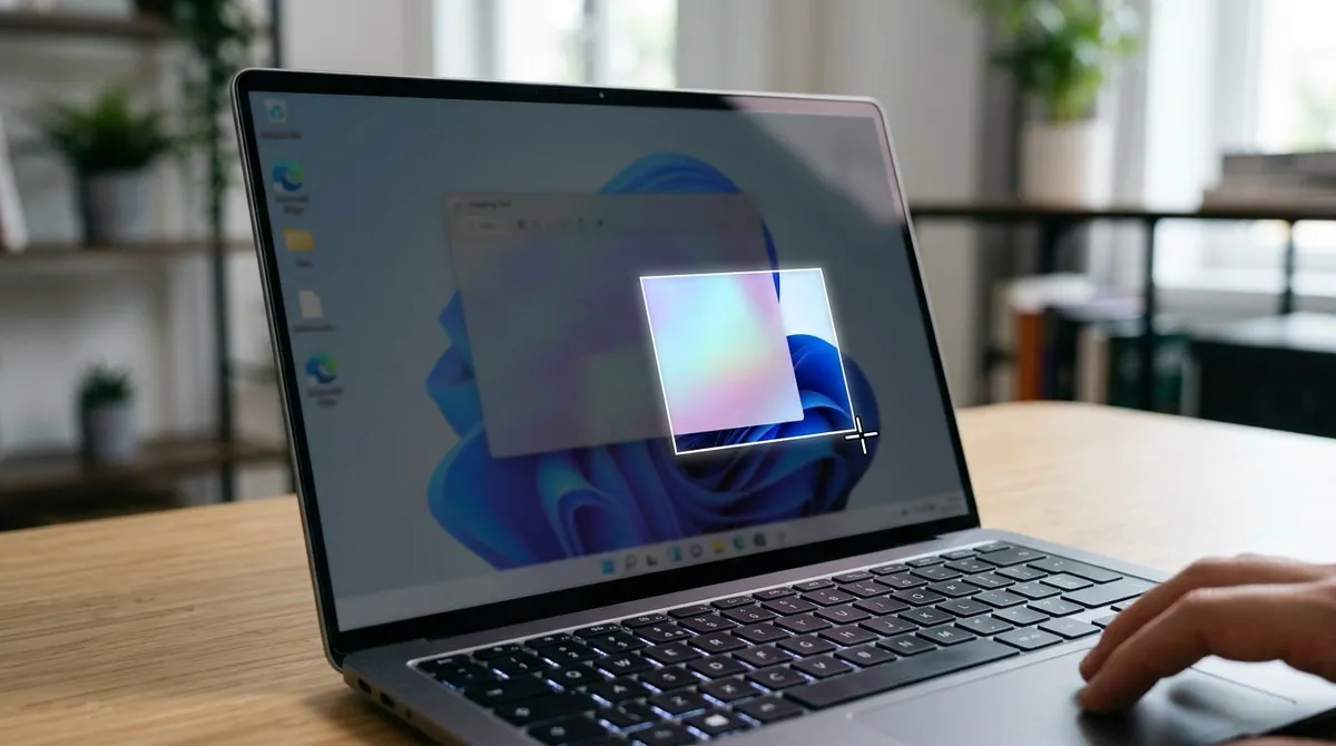Dimmed laptop screen with a bright rectangular selection box being dragged over part of the display