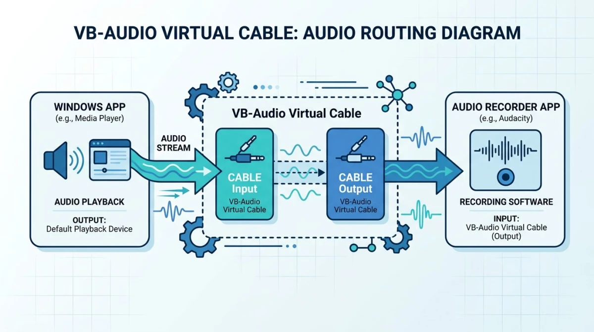 Diagramm des virtuellen Routings von VB-Audio Cable, das zeigt, wie Audio von Apps durch ein virtuelles Kabel zum Recorder fließt