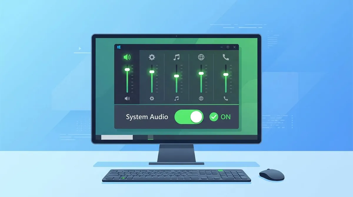 Windows desktop showing audio mixer and a system audio toggle switched on