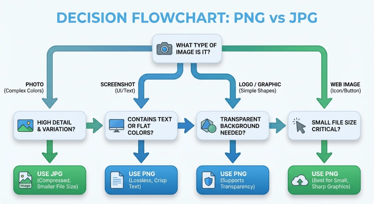 Decision flowchart for choosing PNG vs JPG format