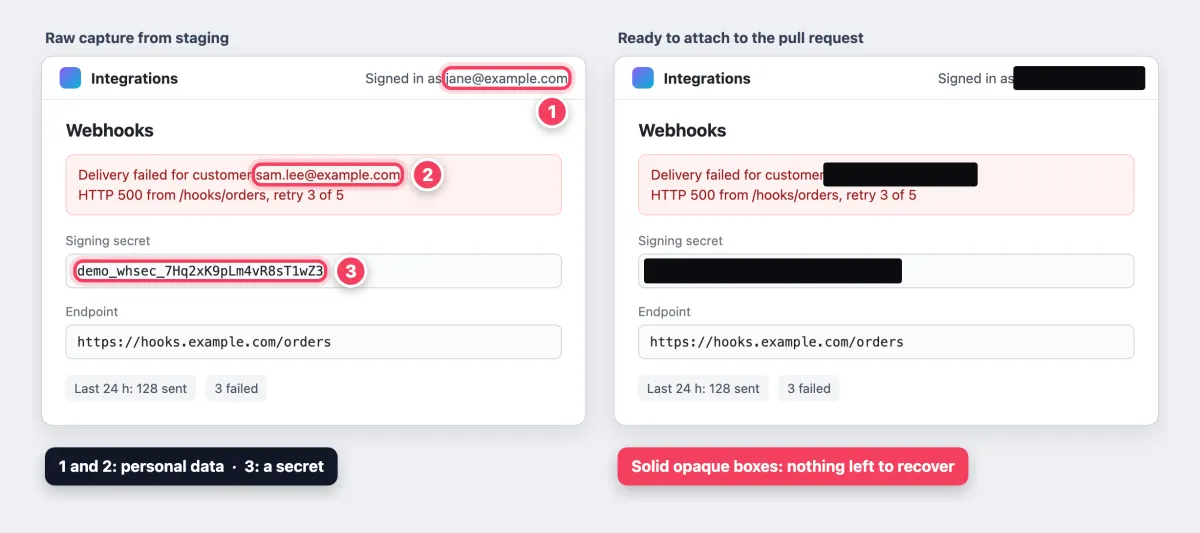 Staging-Screenshot mit einer Demo-E-Mail und einem Token, danach mit deckenden Kästen geschwärzt