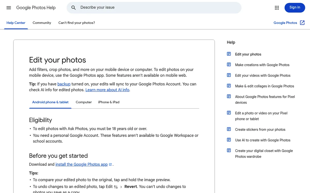 Google Photos Help page Edit your photos with the Android phone and tablet tab open, covering the Markup tools