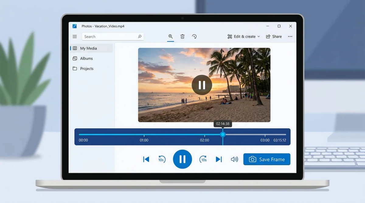 Windows Fotos-App mit Video-Timeline, Pause-Symbol und einem Knopf zum Speichern eines Frames
