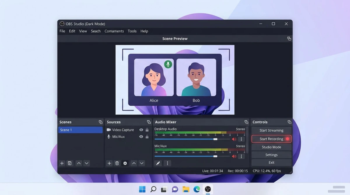 OBS Studio configured to record a Discord call with split audio tracks