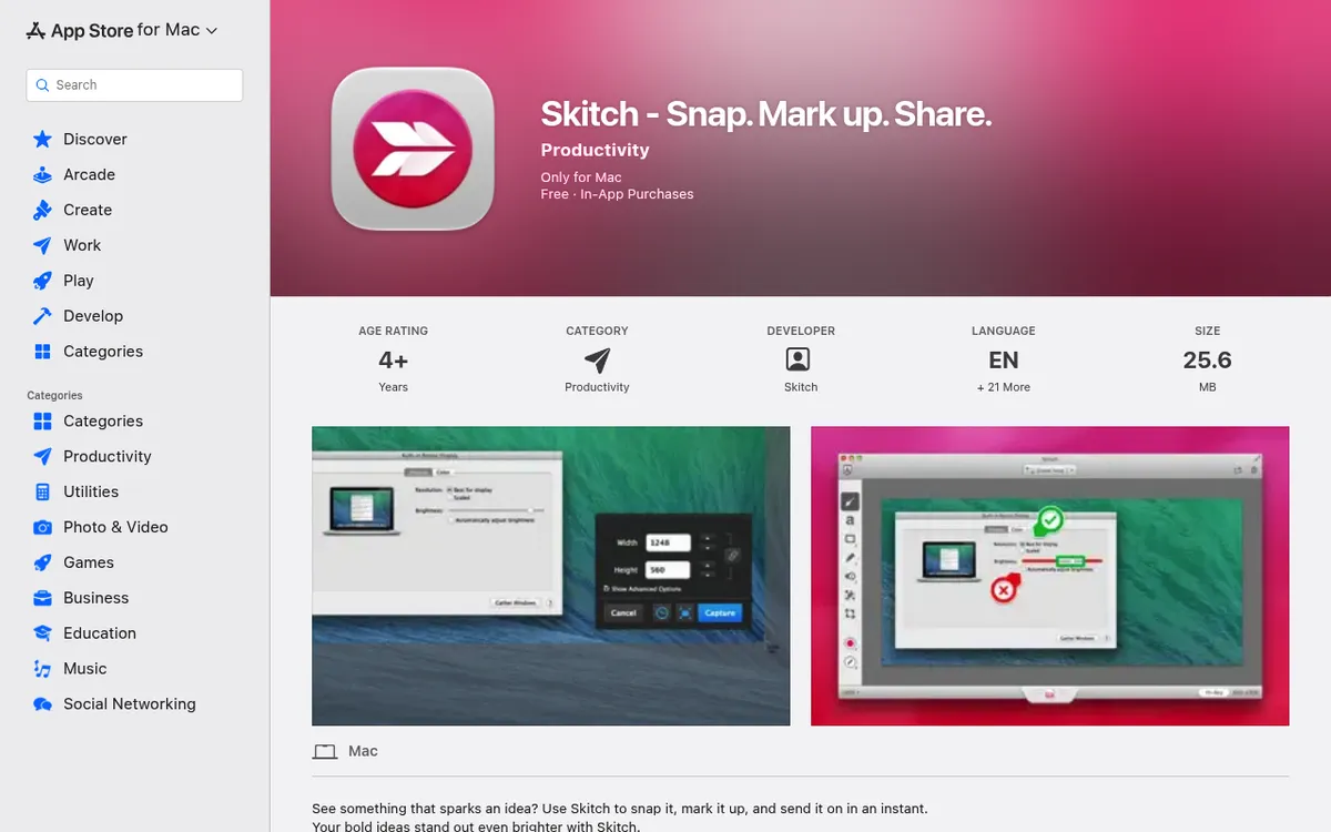 Skitch listing on the Mac App Store, a free Mac app for marking up screenshots with arrows, shapes and text