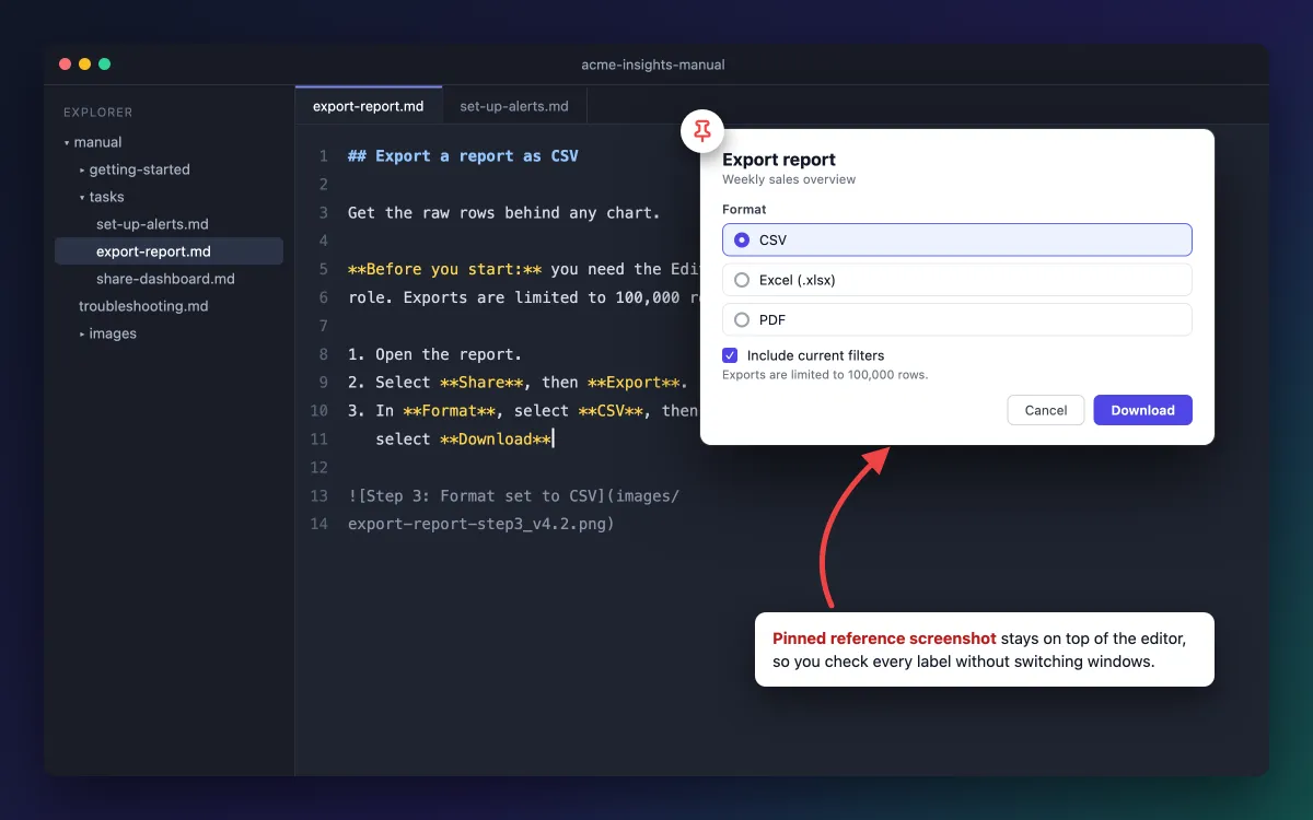 Pinned Export dialog screenshot floating over the user manual editor while writing step 3