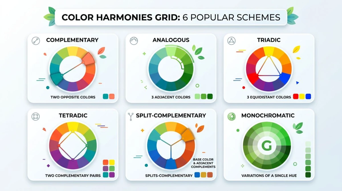 Six color scheme harmonies on color wheels