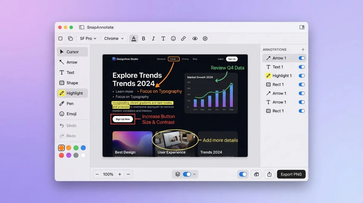 Polished screenshot annotation app interface on purple gradient