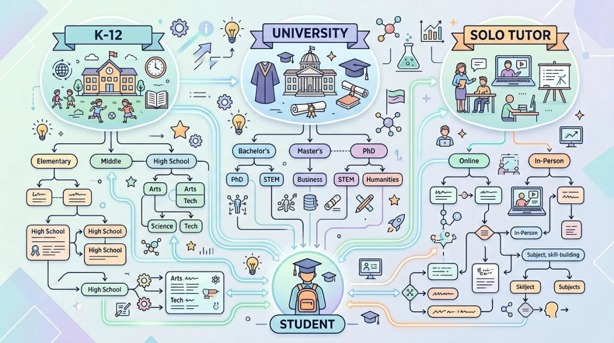 Decision flowchart with paths for K-12, university, tutor, and student