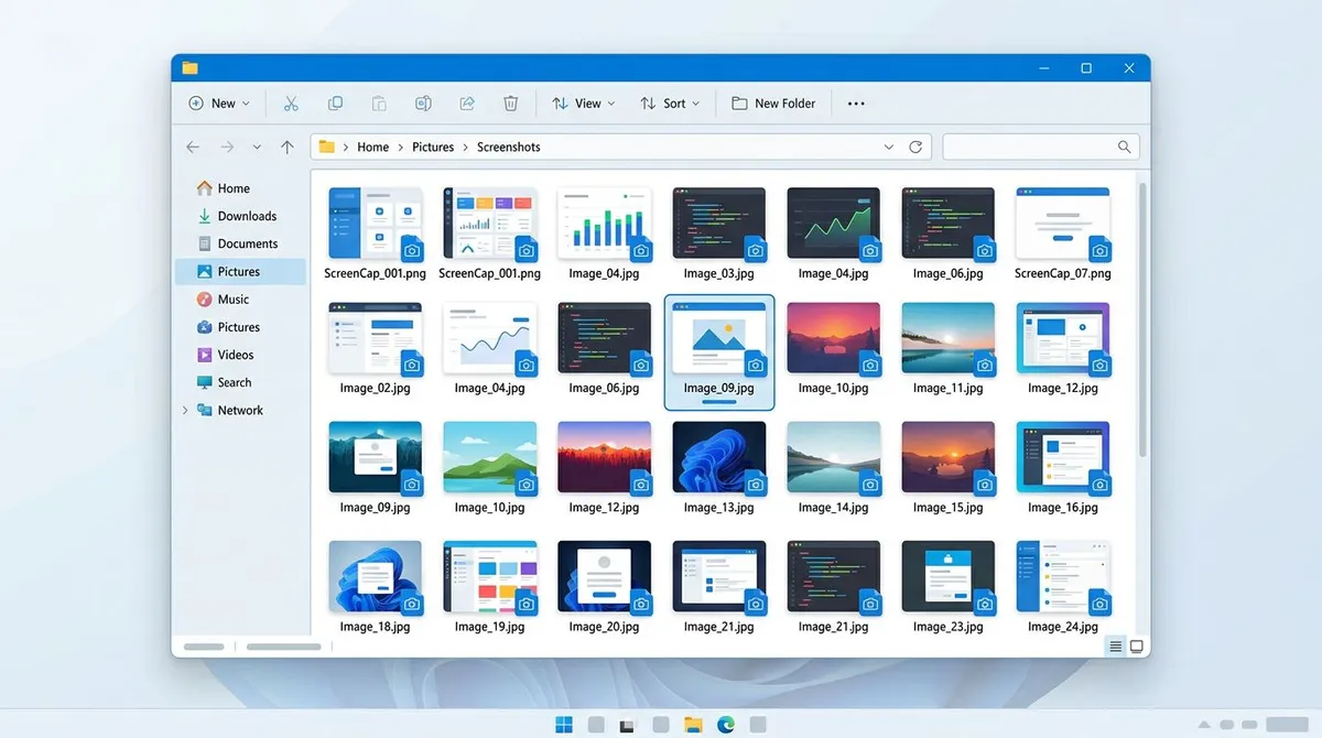 Windows file manager window open to the Pictures Screenshots folder with a grid of saved captures
