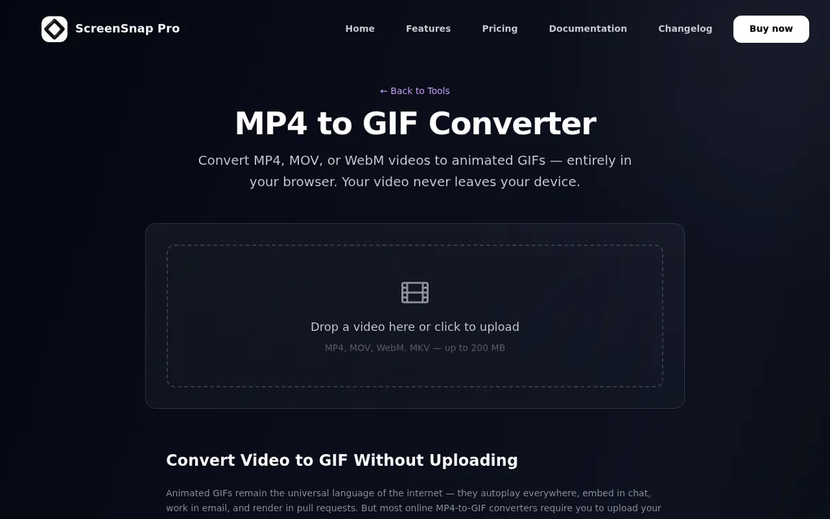 ScreenSnap MP4-zu-GIF-Konverter mit Drag-and-drop-Bereich für eine Snipping-Tool-Aufnahme