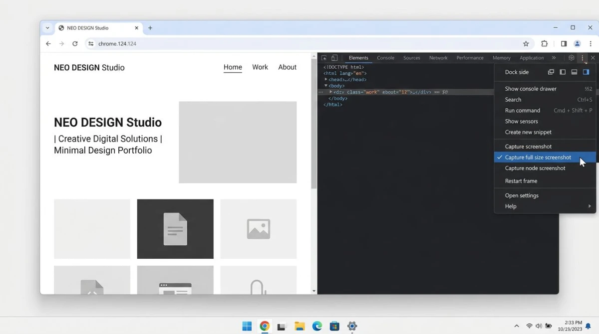 Chrome DevTools full-page screenshot capture on Windows