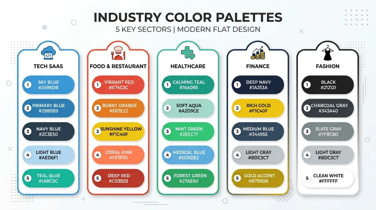 Five industry-specific palettes — tech, food, healthcare, finance, fashion
