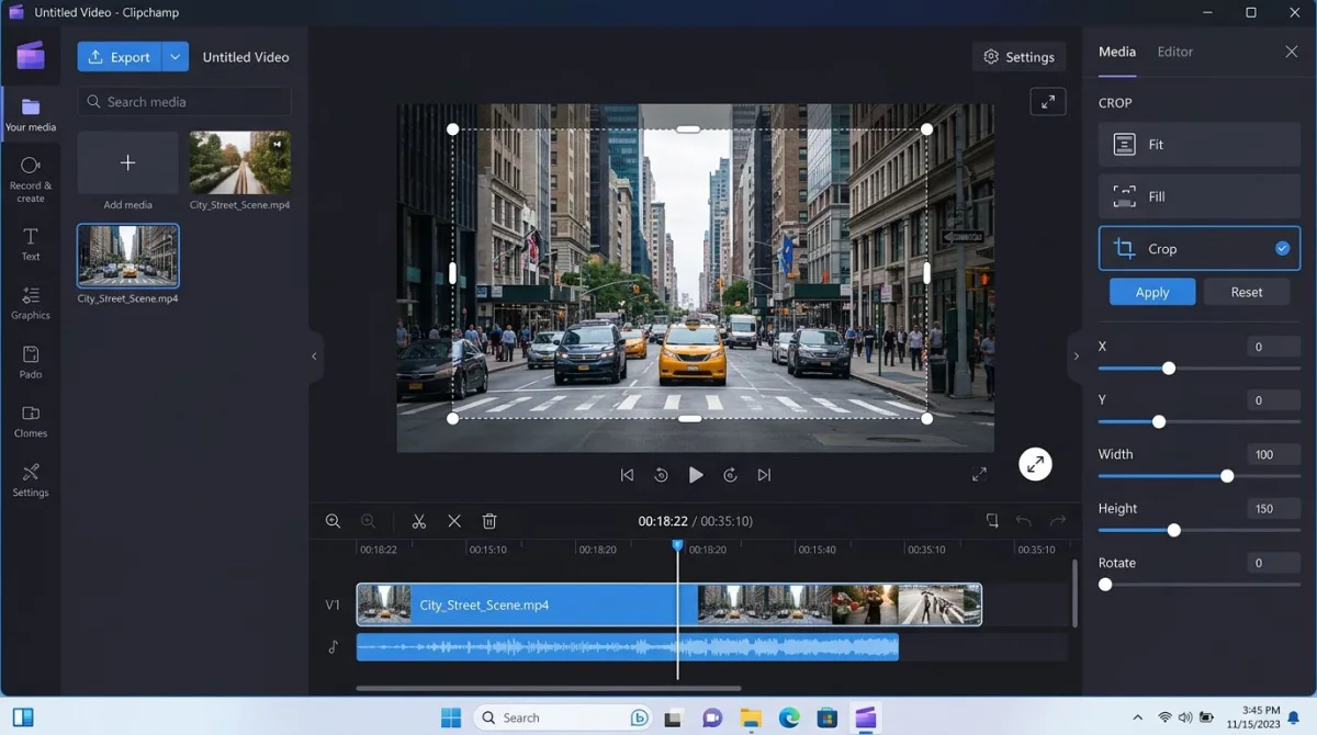 Clipchamp video editor on Windows 11 with crop tool active