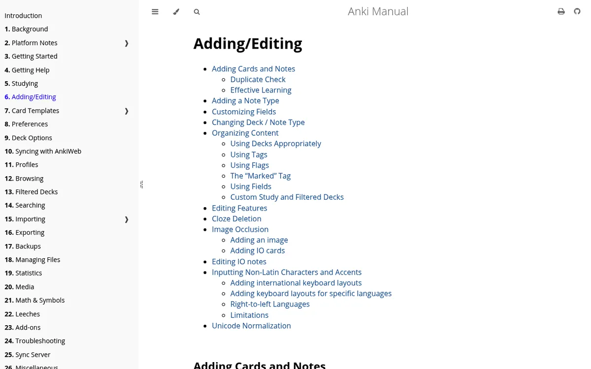 Anki manual contents listing Image Occlusion, Adding an image, Adding IO cards and Editing IO notes under Adding/Editing