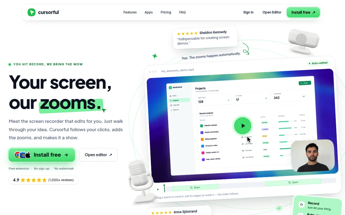 Cursorful homepage, a free Chrome extension screen recorder that adds automatic zooms to browser recordings