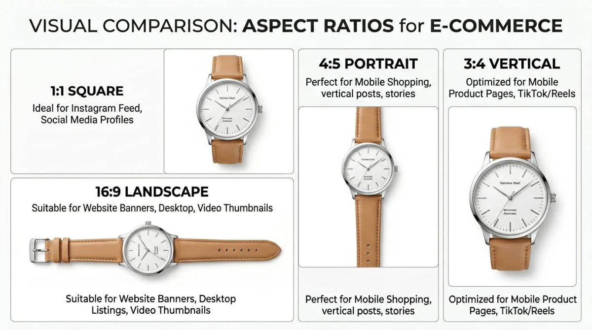 Aspect ratio comparison showing the same product image cropped to 1:1, 4:5, 16:9, and 3:4
