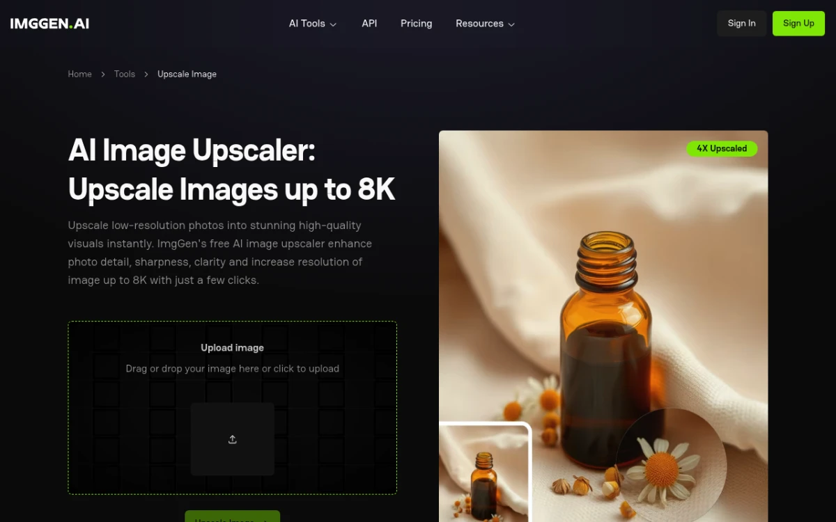 Imggen.ai upscale image tool offering free AI upscaling up to 8K