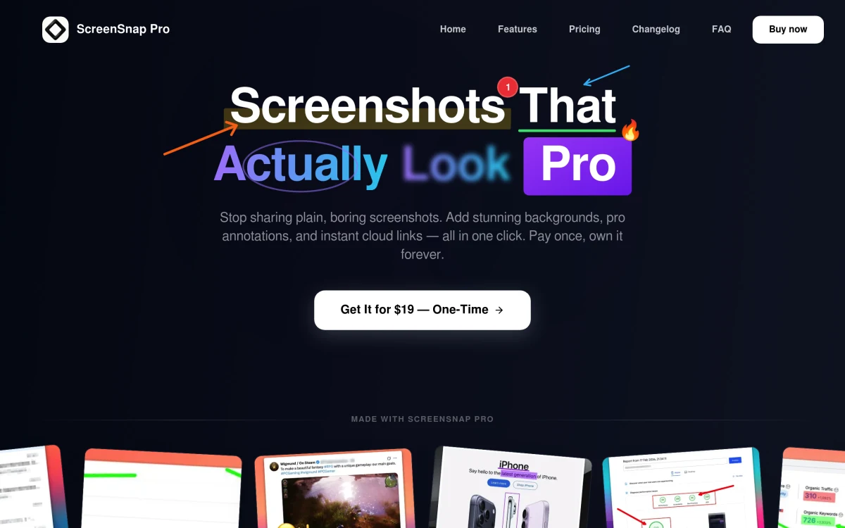 ScreenSnap Pro homepage showing Mac screenshot and GIF recording app