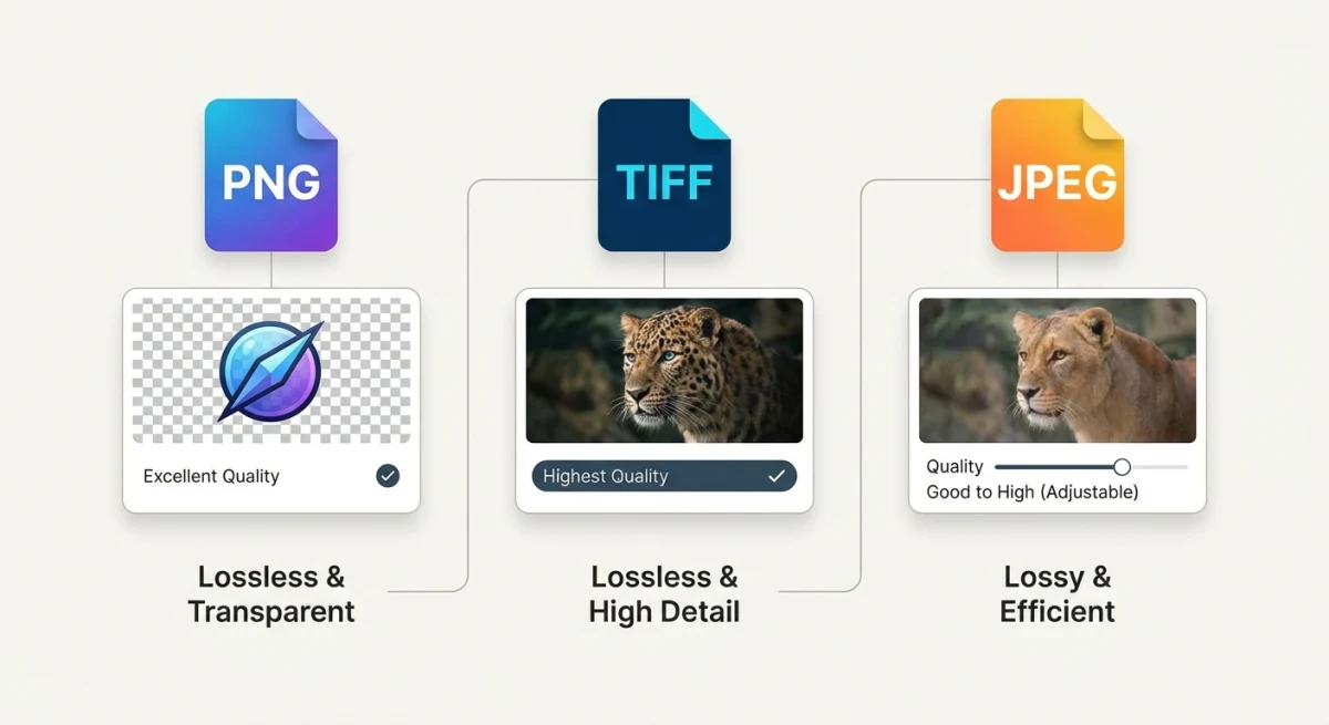 File format comparison showing PNG, TIFF, and JPEG quality differences