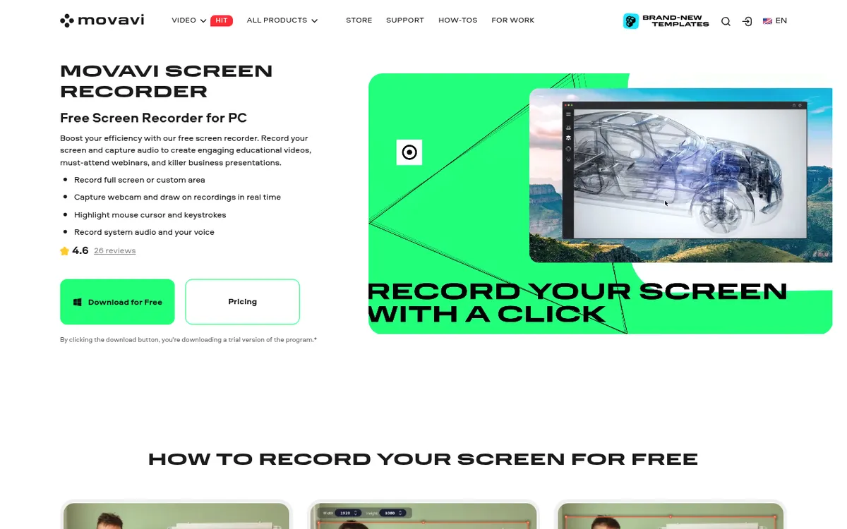 Movavi Screen Recorder product page, a paid screen recorder for Windows and Mac with webcam capture and drawing tools
