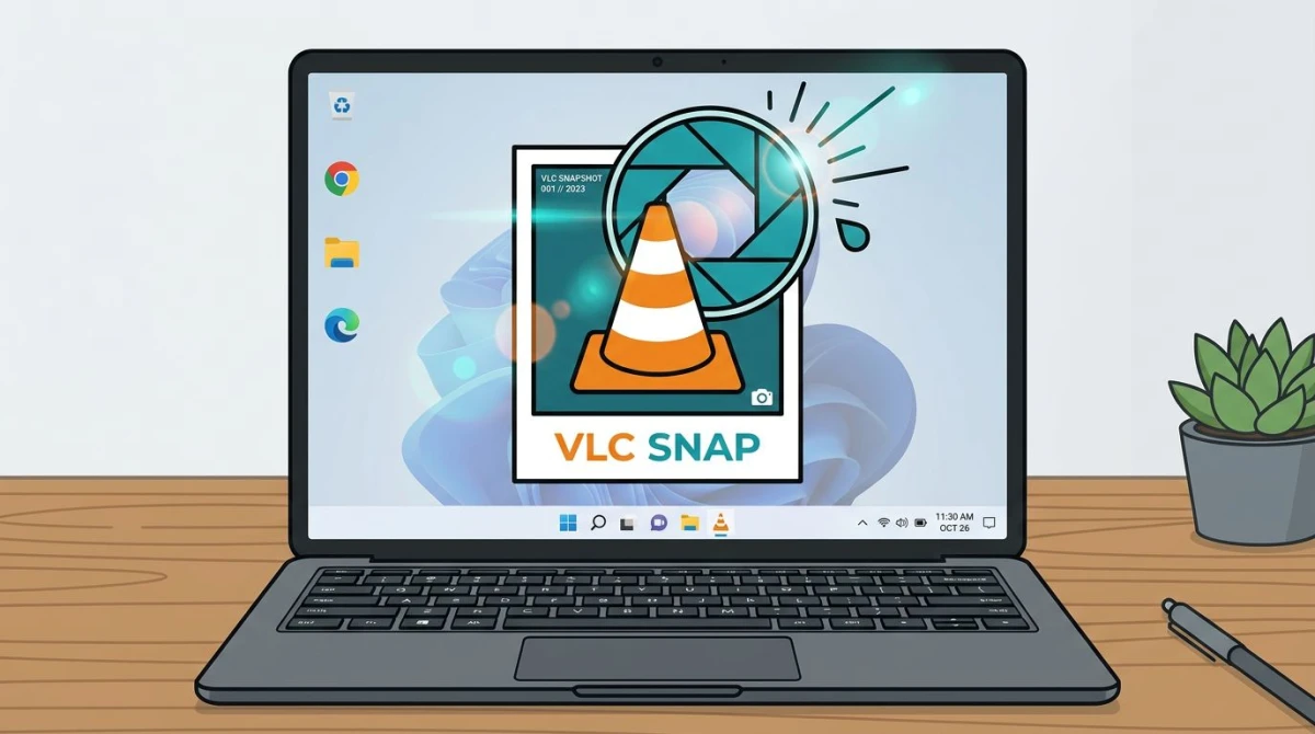 VLC media player mit einem Kameraverschluss-Schnappschuss-Effekt auf einem Windows-Laptop-Bildschirm