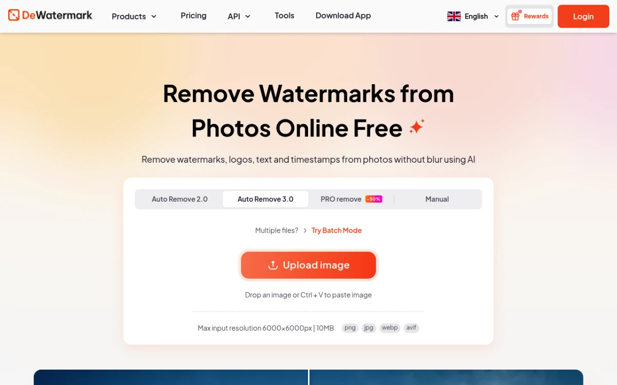 Dewatermark.ai homepage — AI tool for stubborn multi-layer watermarks