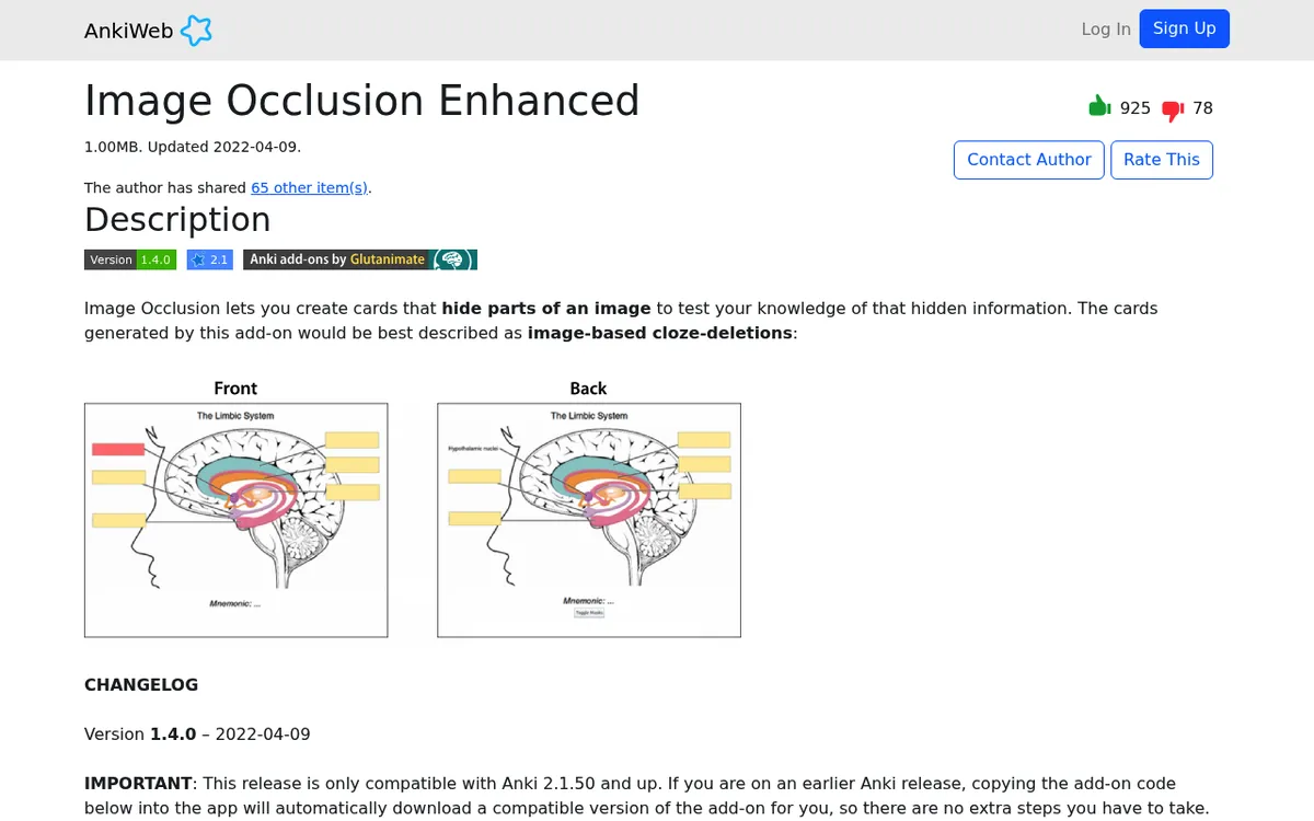 AnkiWeb page for the Image Occlusion Enhanced add-on: version 1.4.0, updated 2022-04-09, with front and back card examples