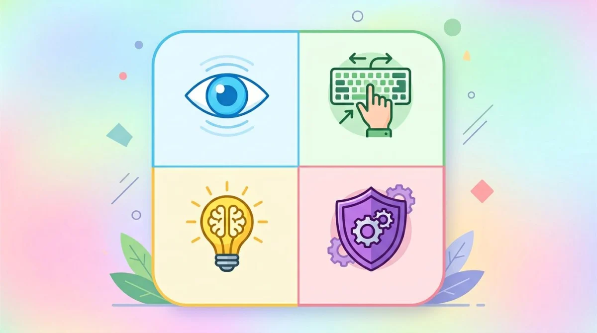 Four colorful icons in a 2x2 grid representing the WCAG POUR principles: Perceivable, Operable, Understandable, Robust