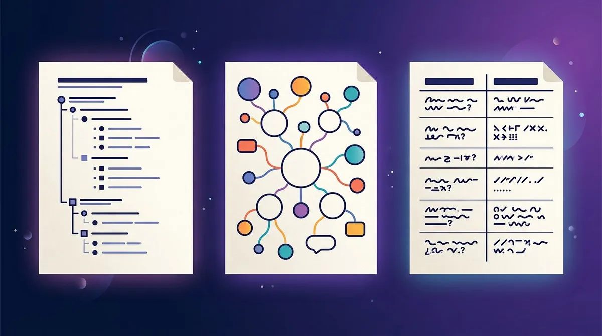 Three study guide template formats: an outline, a concept map, and a question and answer sheet