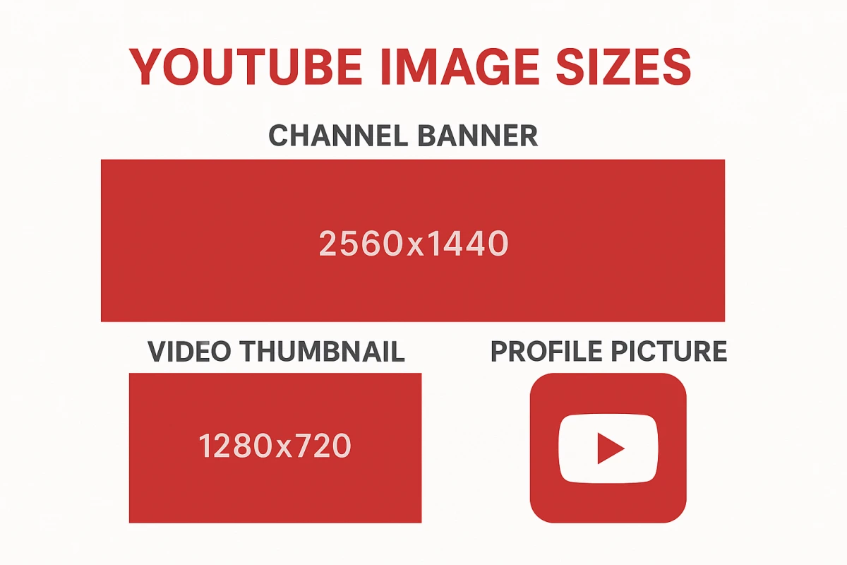 YouTube image sizes infographic showing all dimensions for 2026