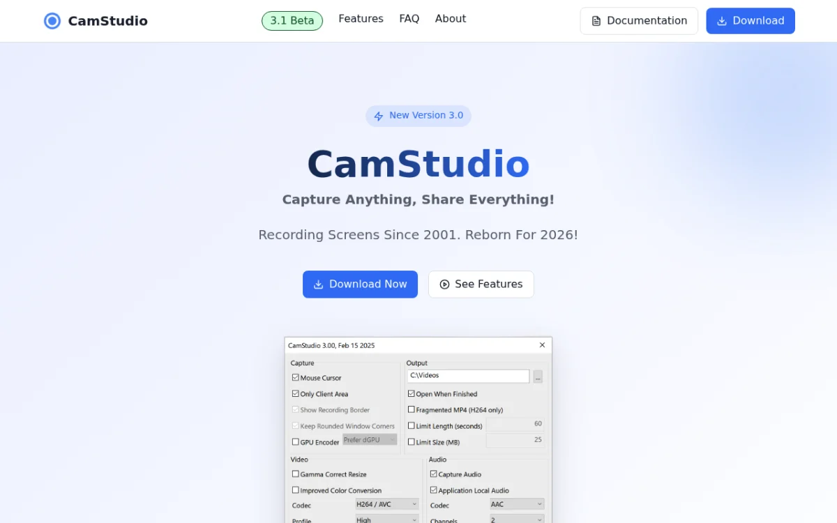CamStudio homepage — open source screen recorder for Windows