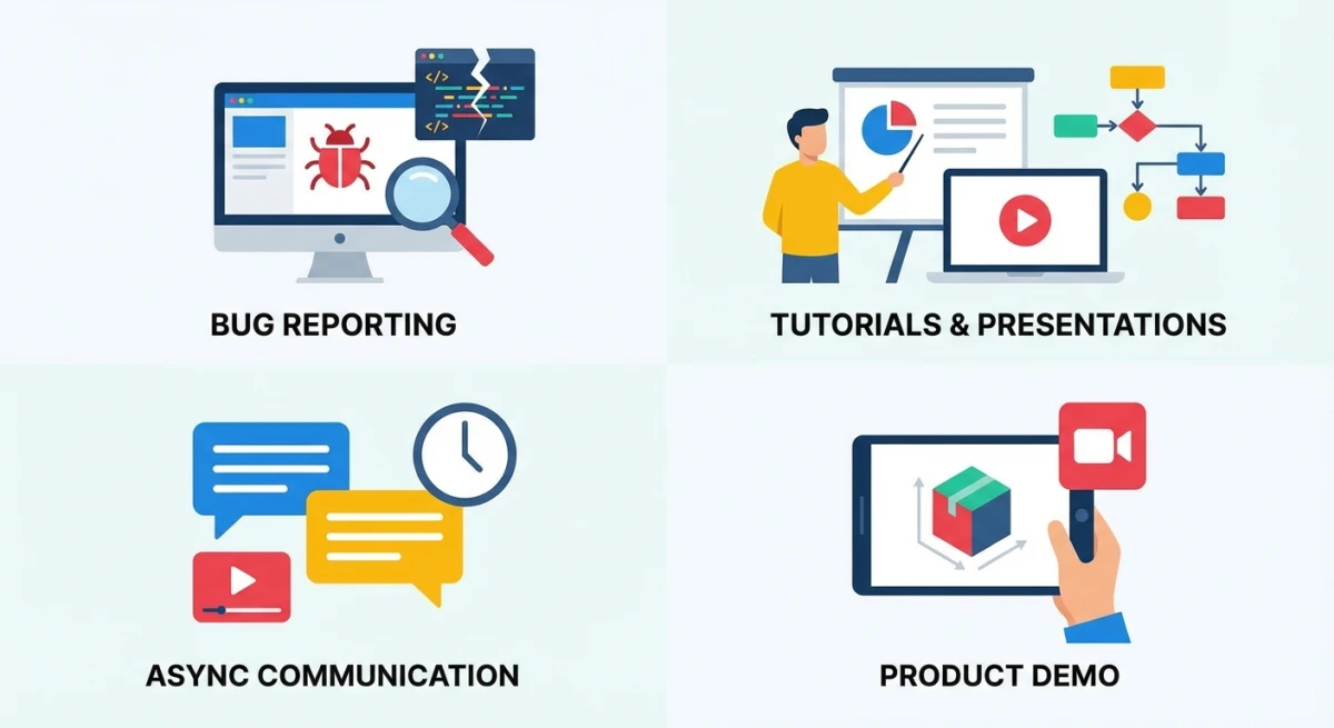 Different screencast use cases: tutorials, bug reports, demos, and async communication