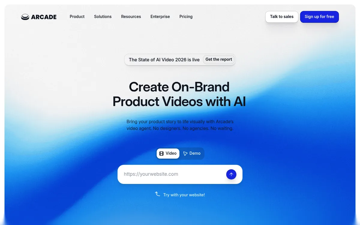 Arcade homepage, an AI product video and interactive demo platform and a Guidde alternative for sales demos
