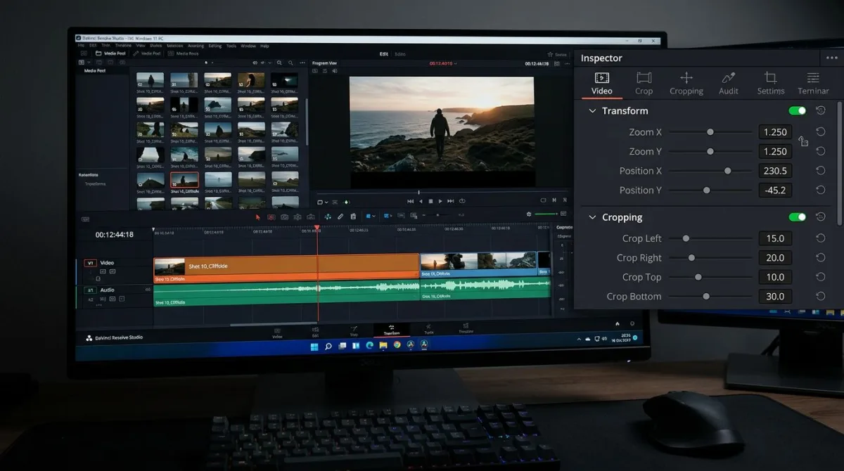 DaVinci Resolve Inspector panel showing transform and crop settings