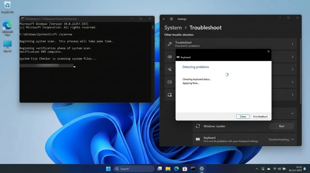 Windows-Eingabeaufforderung führt SFC-Scan aus, daneben Tastatur-Problembehandlungs-Dialog