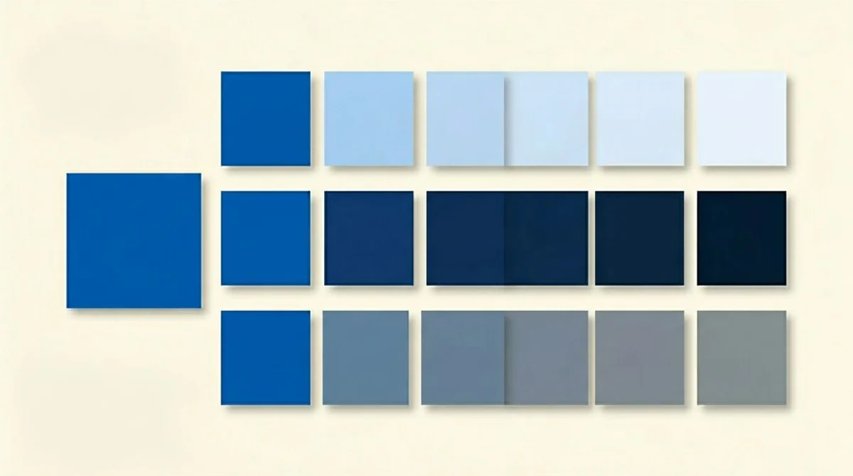 Diagram of a monochromatic color palette in blue showing tints, shades, and tones