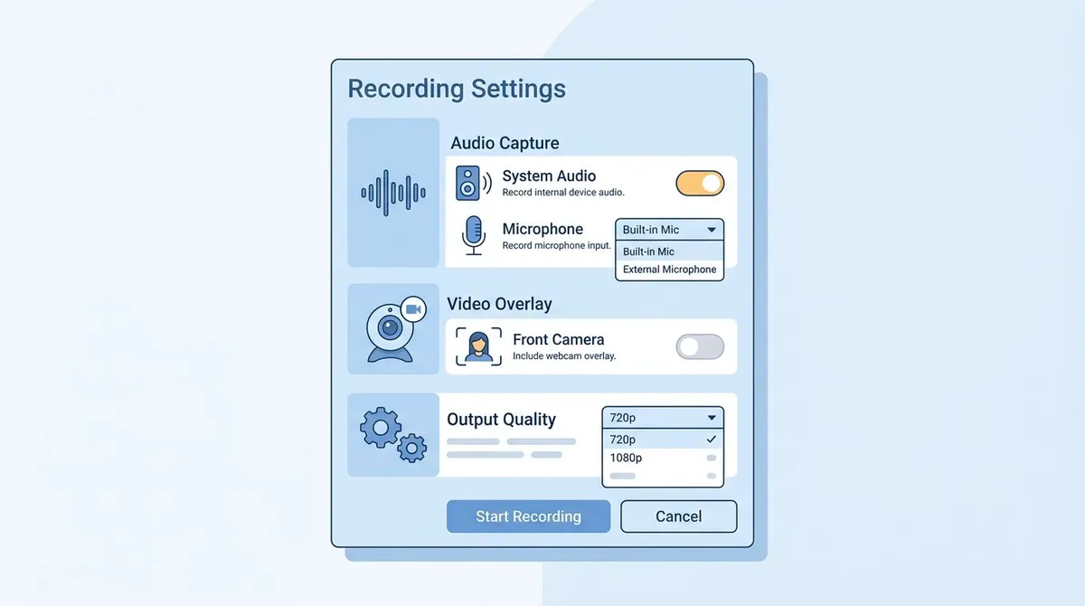 Chromebook screen recording settings with device audio, microphone and webcam toggles