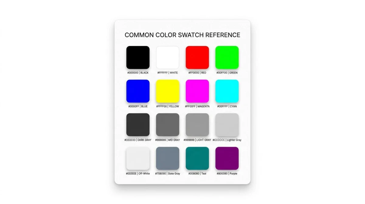 Common hex color values reference card