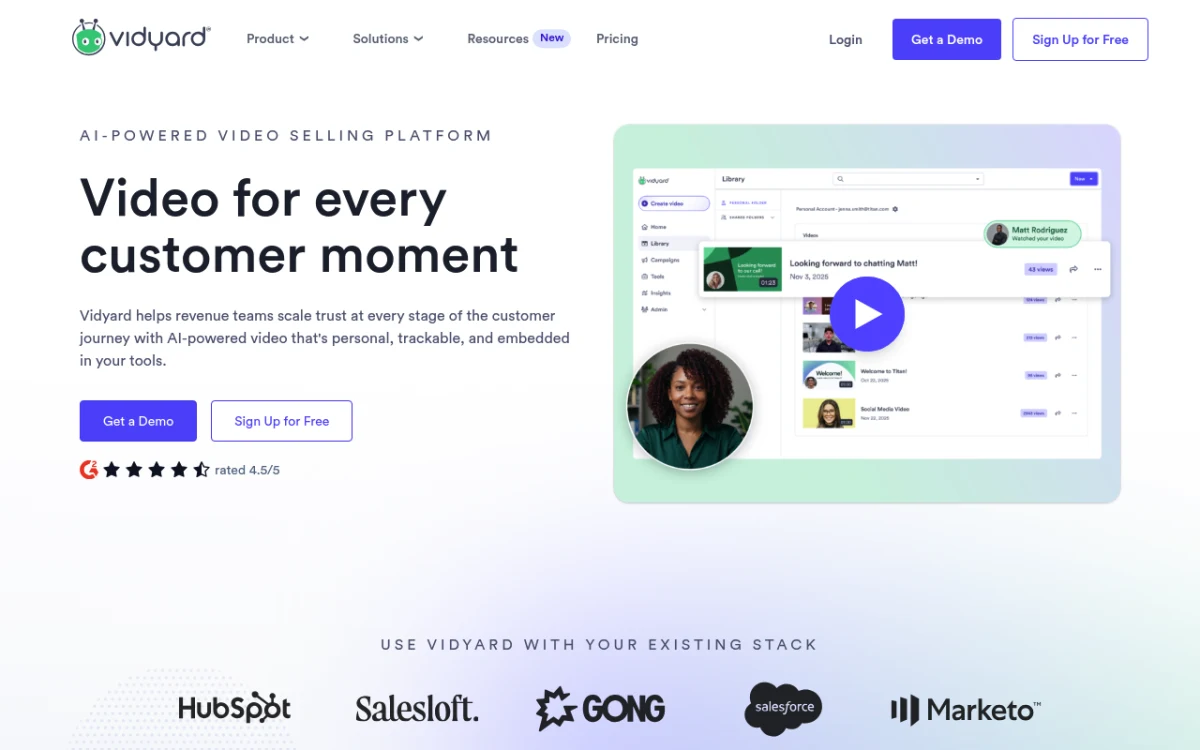 Vidyard homepage showing the enterprise sales video platform