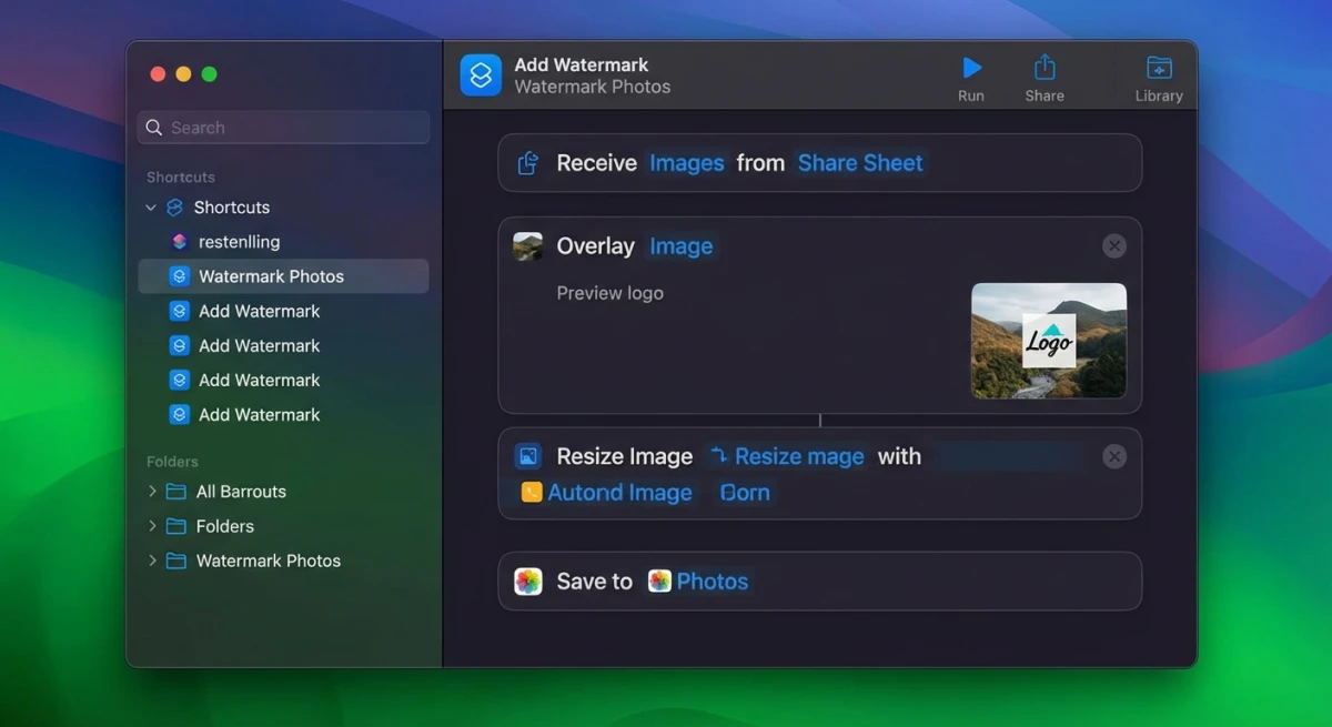 macOS Shortcuts watermark automation workflow