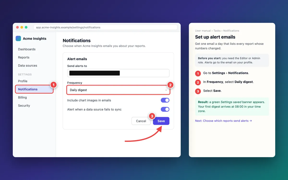 Notifications settings with markers 1 to 3, an arrow on Save and a redacted email
