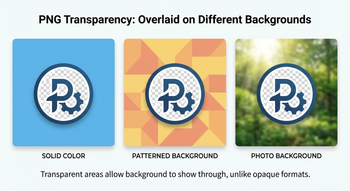 PNG transparency example showing logo on different backgrounds