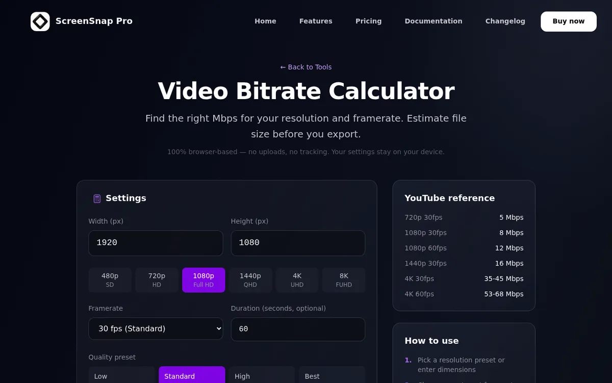 Video-Bitraten-Rechner für MOV vs. MP4 Aufnahmen mit Feldern für Auflösung, Bildrate und Zielgröße